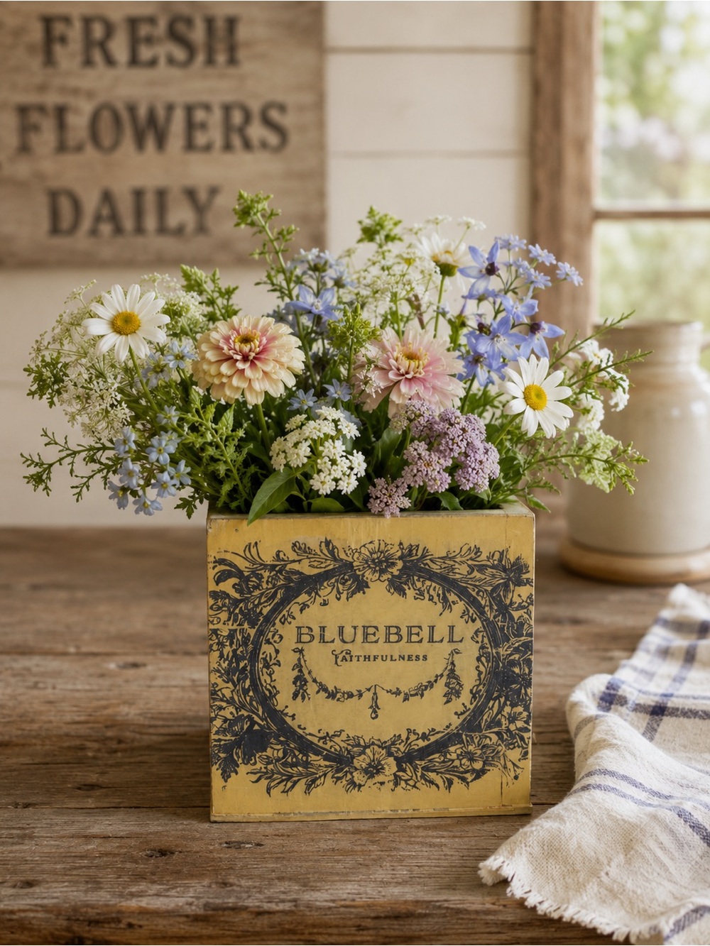 Yellow Wooden Decorative Planter w/floral design.